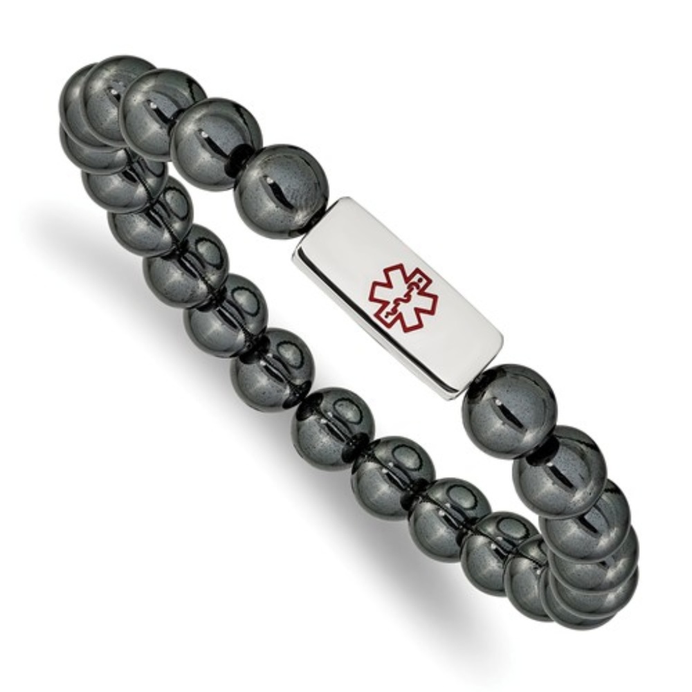 Stainless Steel Polished 8mm Medical ID Plate Hematite Bead Stretch Bracelet